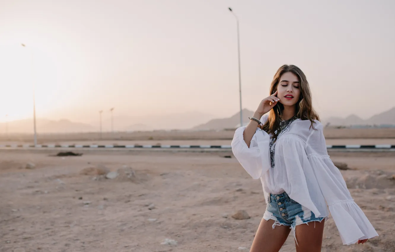 Photo wallpaper woman, vintage blouse, long-haired, adorable, posing
