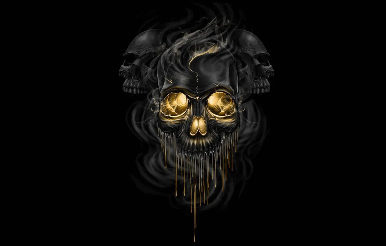 Photo wallpaper fiction, smoke, art, skull, black background, skeletons