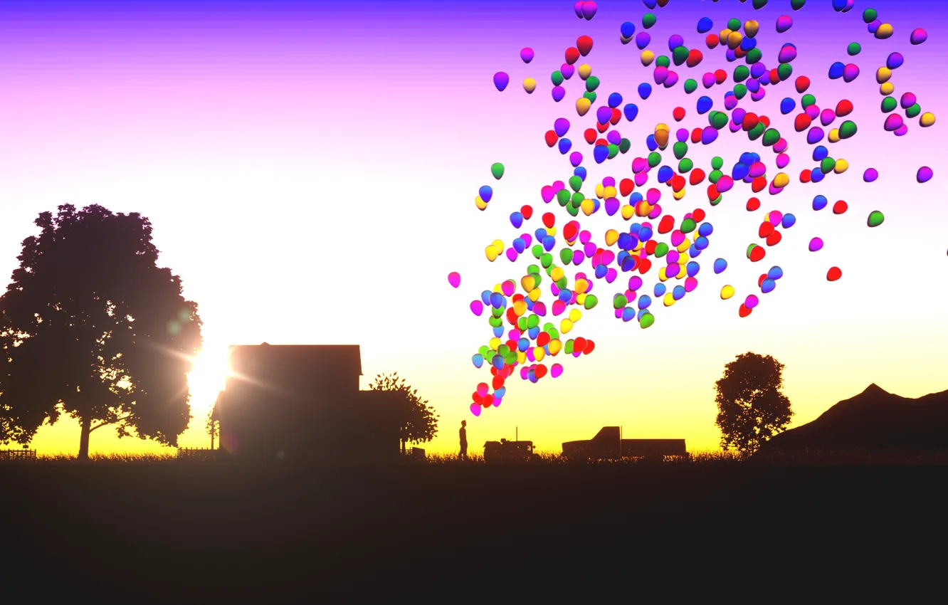 Photo wallpaper machine, auto, balls, landscape, sunset, glare, style, rendering