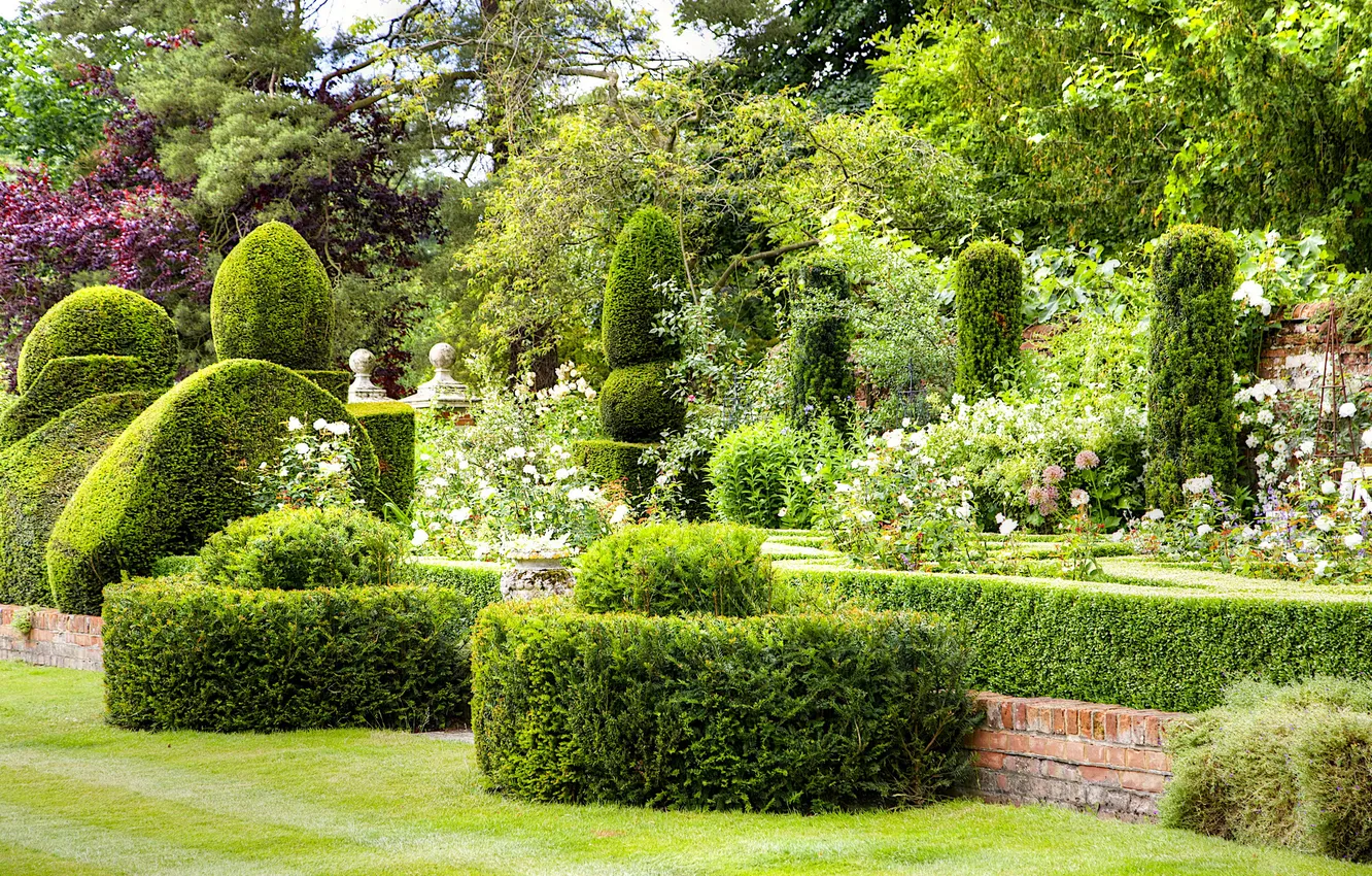 Photo wallpaper greens, grass, trees, flowers, design, Park, England, the bushes