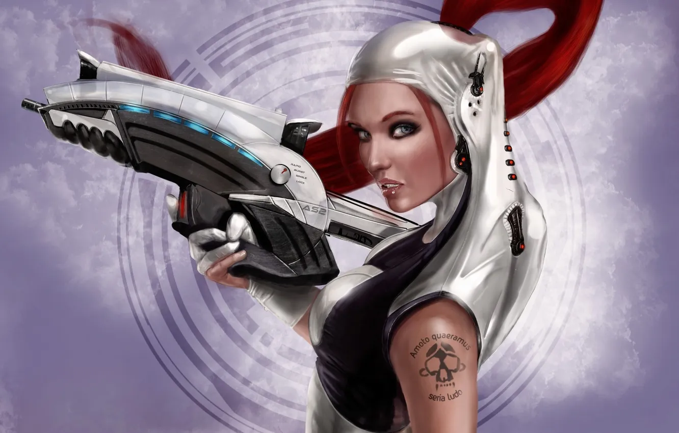 Photo wallpaper girl, gun, weapons, skull, tattoo, art, tail, tattoo