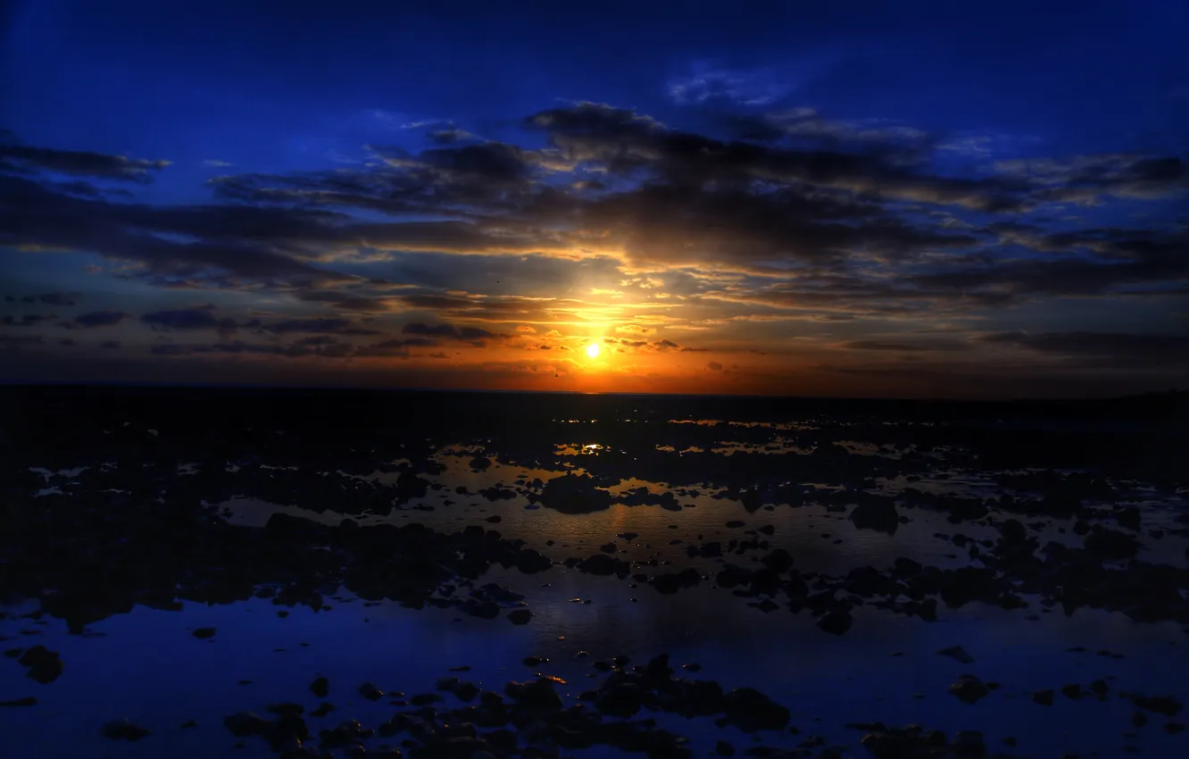 Photo wallpaper the sky, clouds, landscape, sunset, horizon