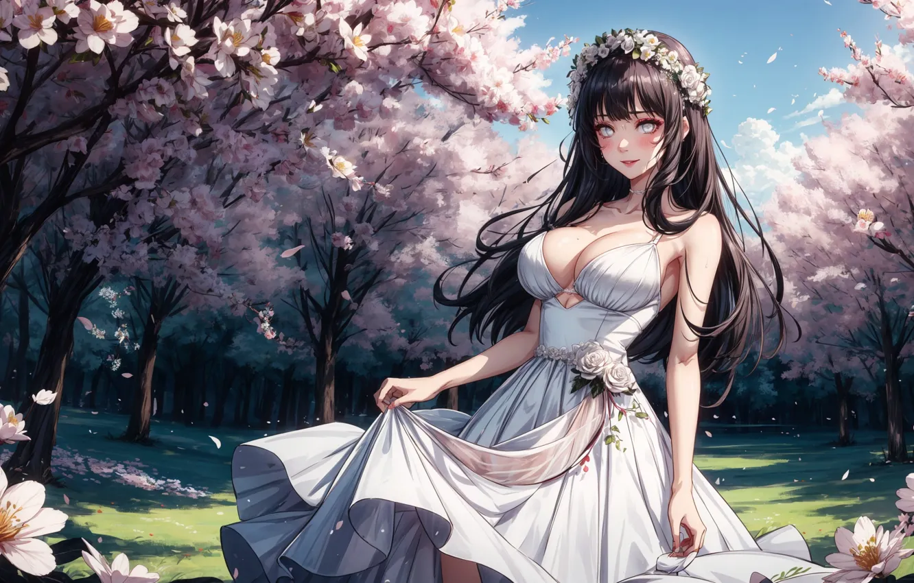 Photo wallpaper white, anime, white dress, Hyuuga Hinata, Big boobs, bare shoulders, parted lips, lifting dress