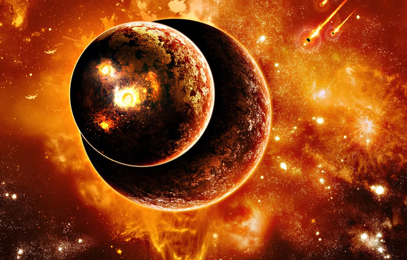 Photo wallpaper two, planet, explosions, meteorites