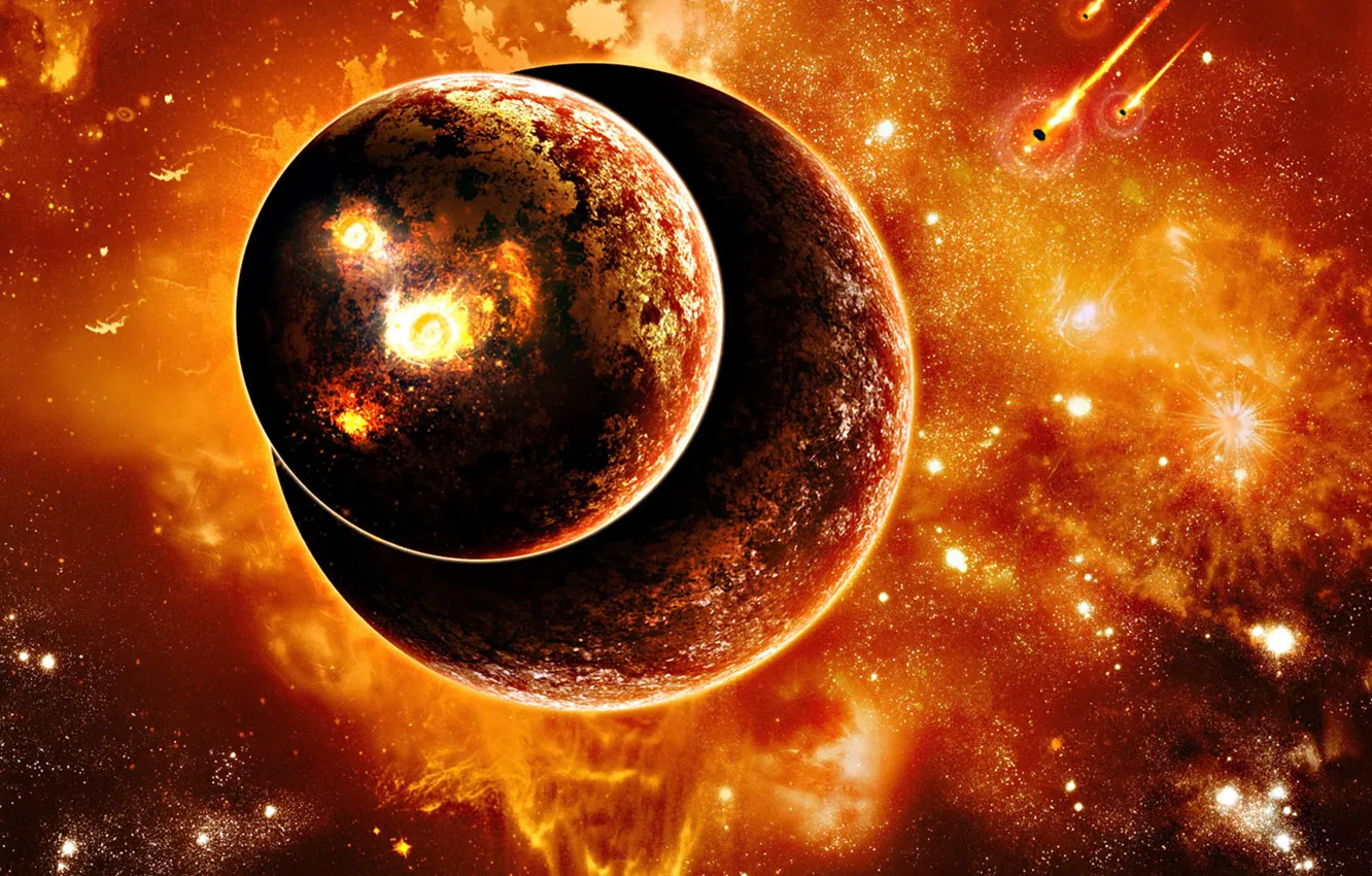 Photo wallpaper the explosion, two, planet, meteorites