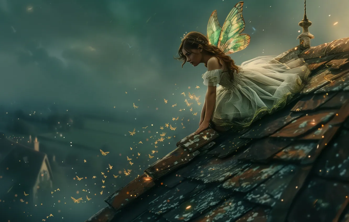 Photo wallpaper roof, girl, hair, home, wings, the evening, fairy, digital art