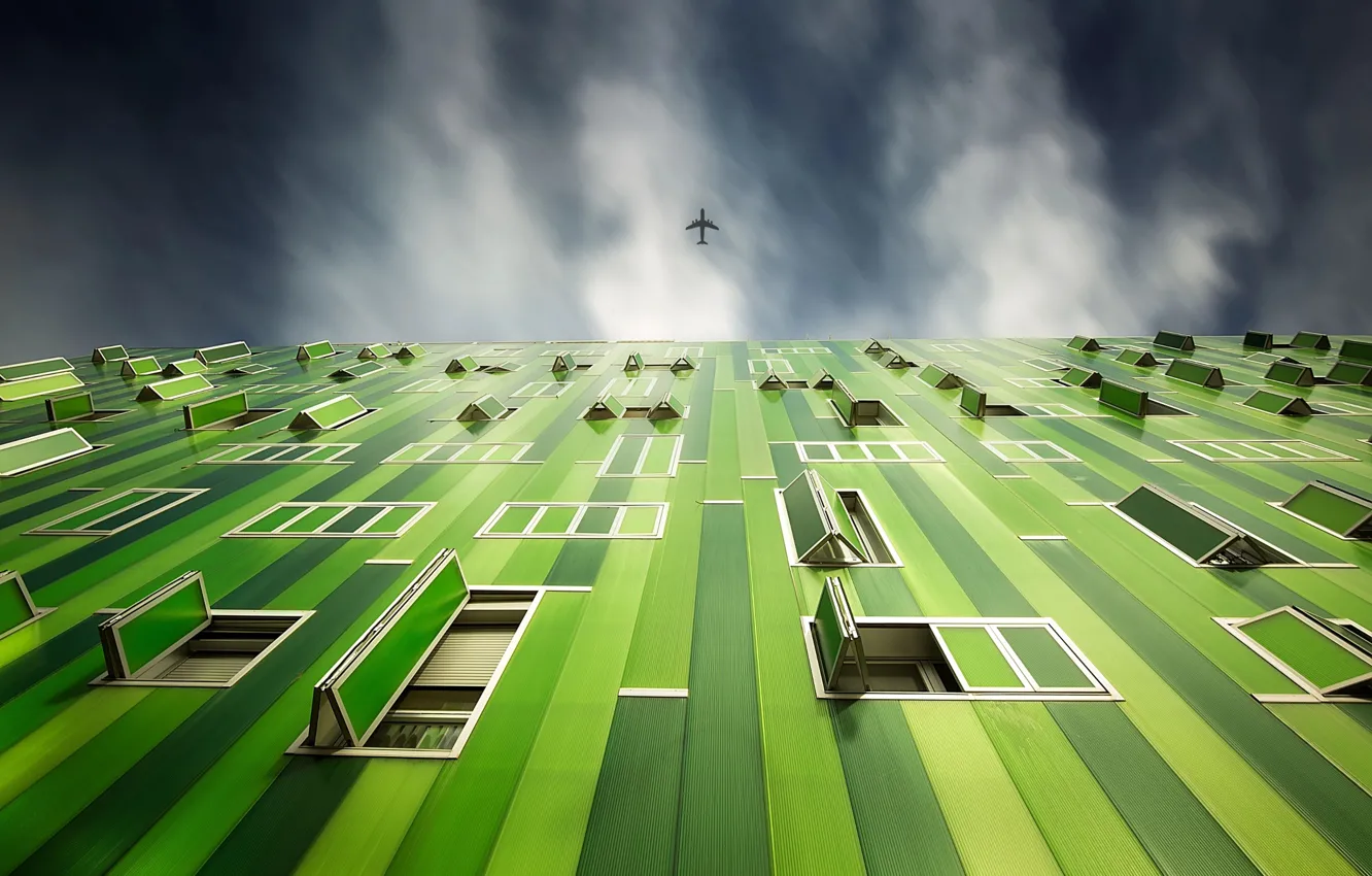 Photo wallpaper the sky, the city, the building, Windows, the plane