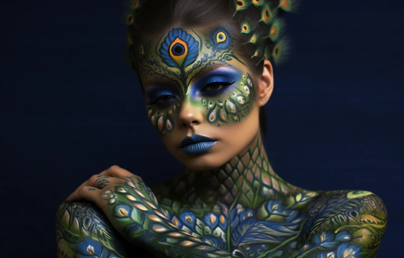 Photo wallpaper girl, AI art, makeup, painting, body art, peacock feathers
