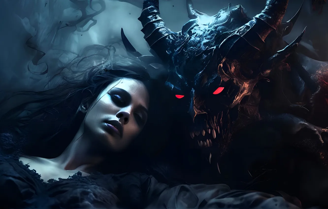 Photo wallpaper girl, the demon, horns, AI ART