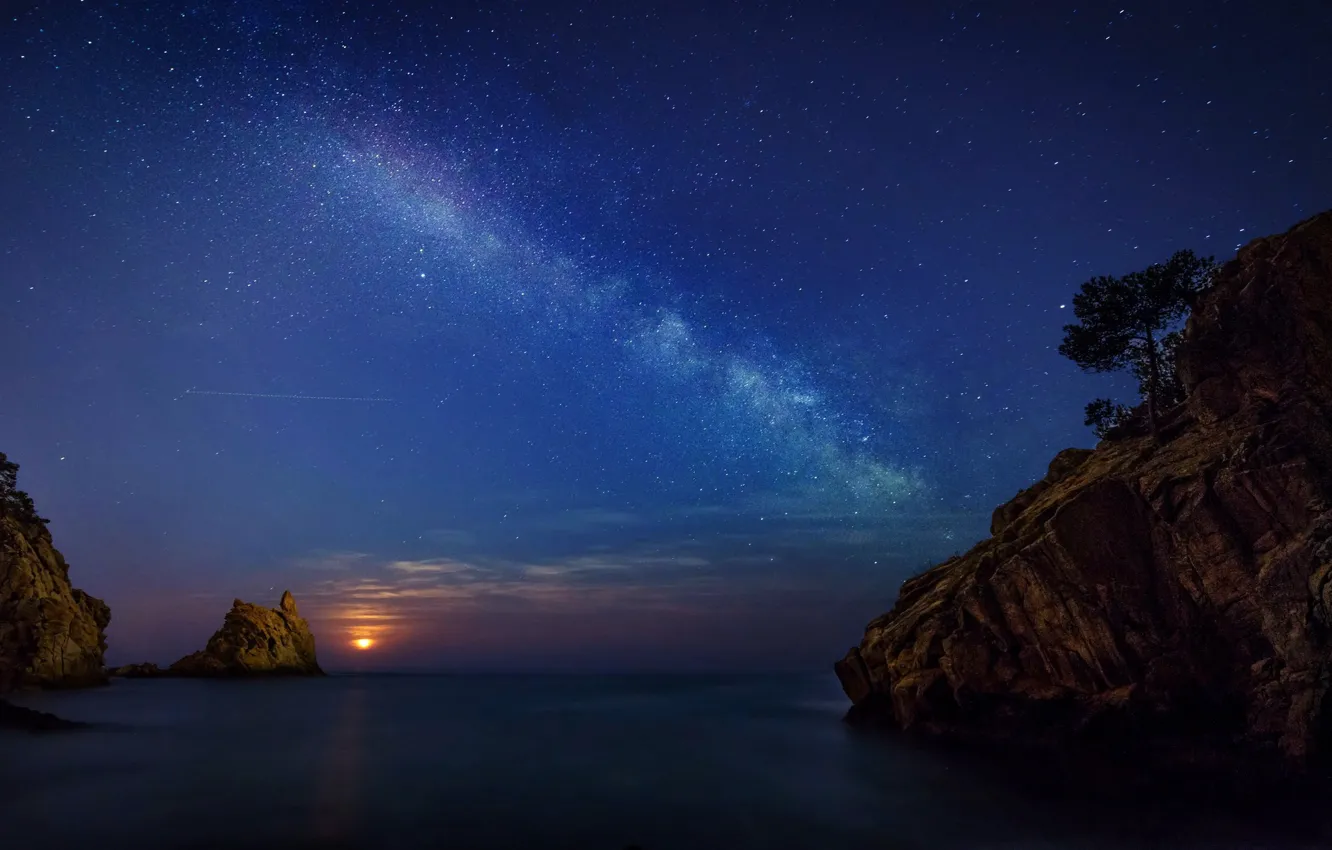 Photo wallpaper sea, the sky, stars, rocks, coast, Spain, Girona