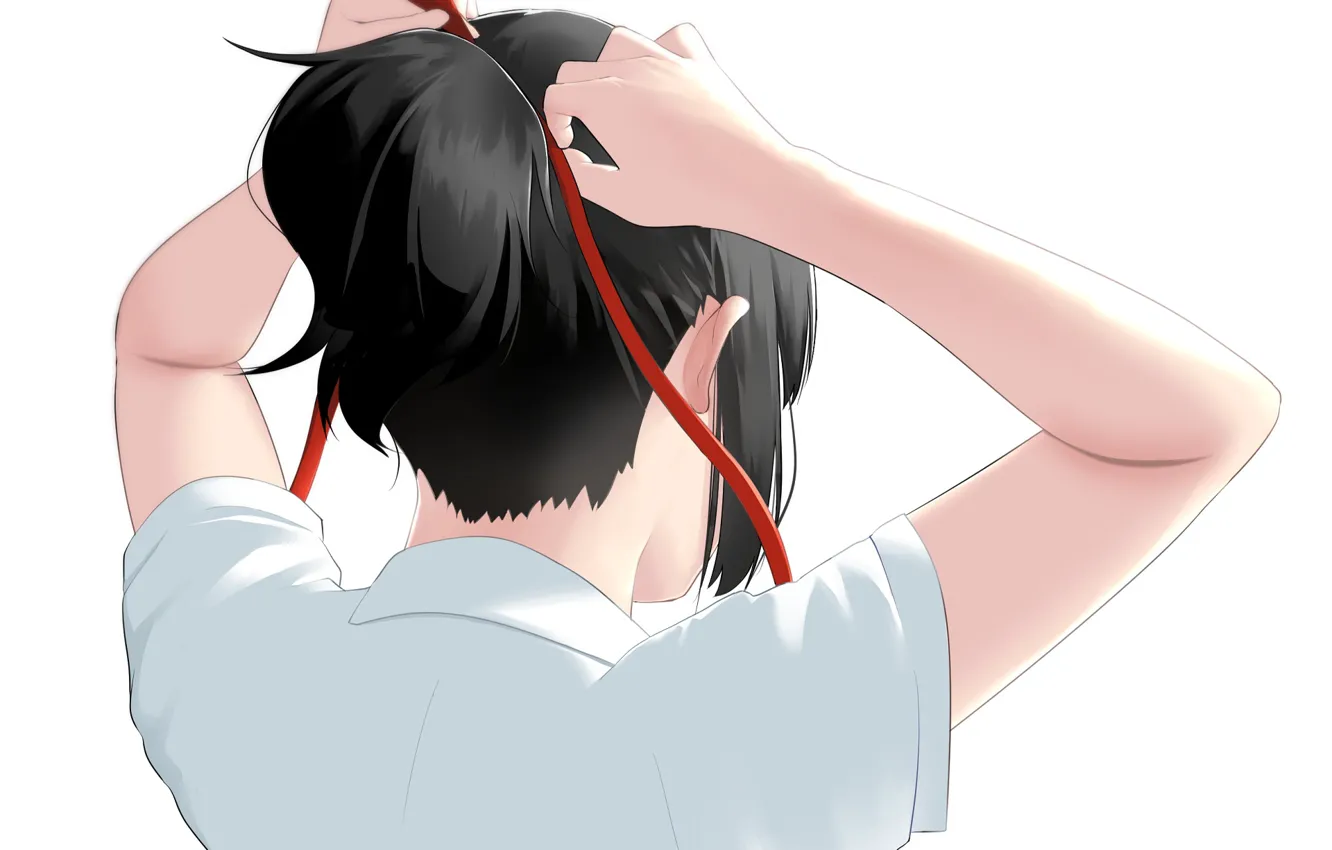 Photo wallpaper girl, back, tail, red ribbon, Your Name, Kimi No VA On