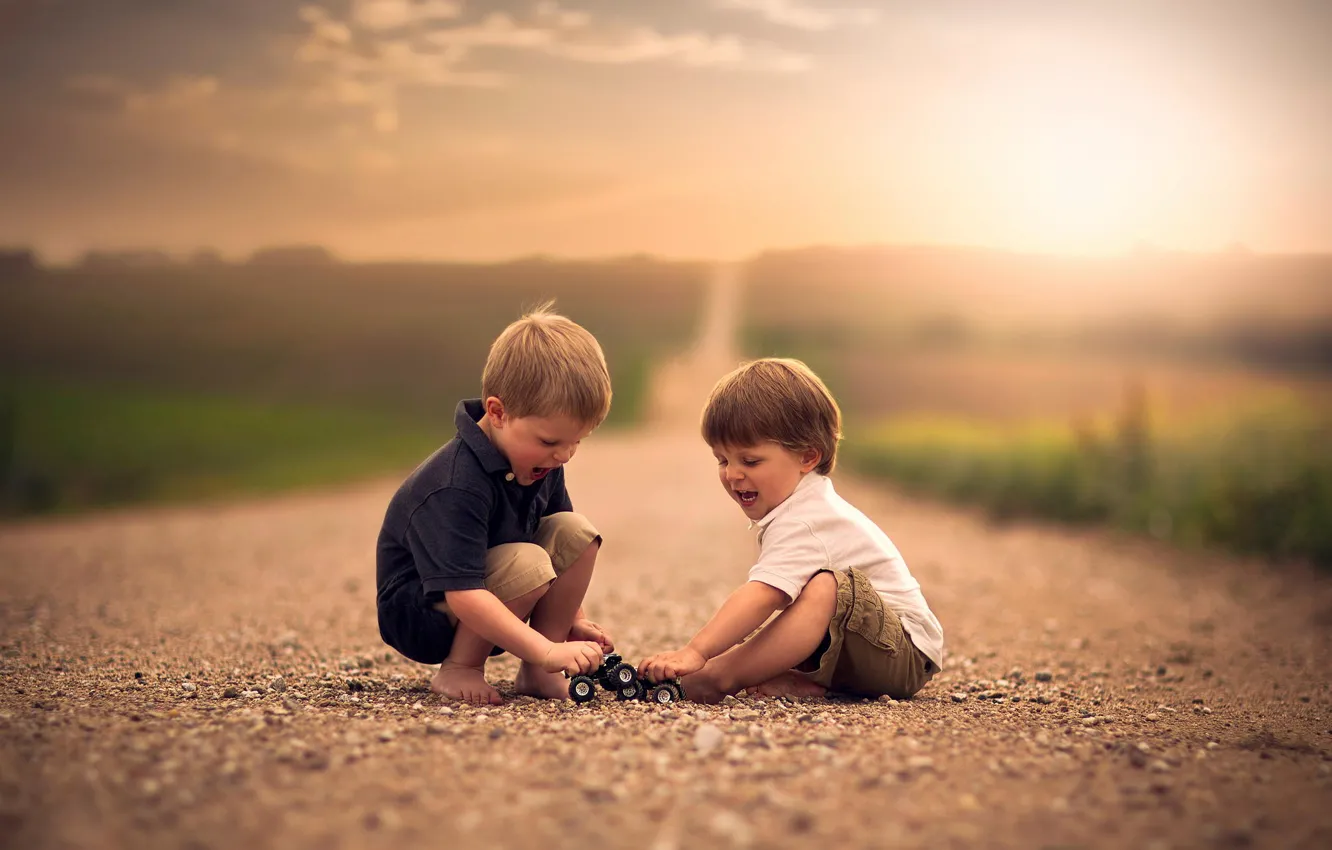 Photo wallpaper road, children, the game, boy, space, bokeh
