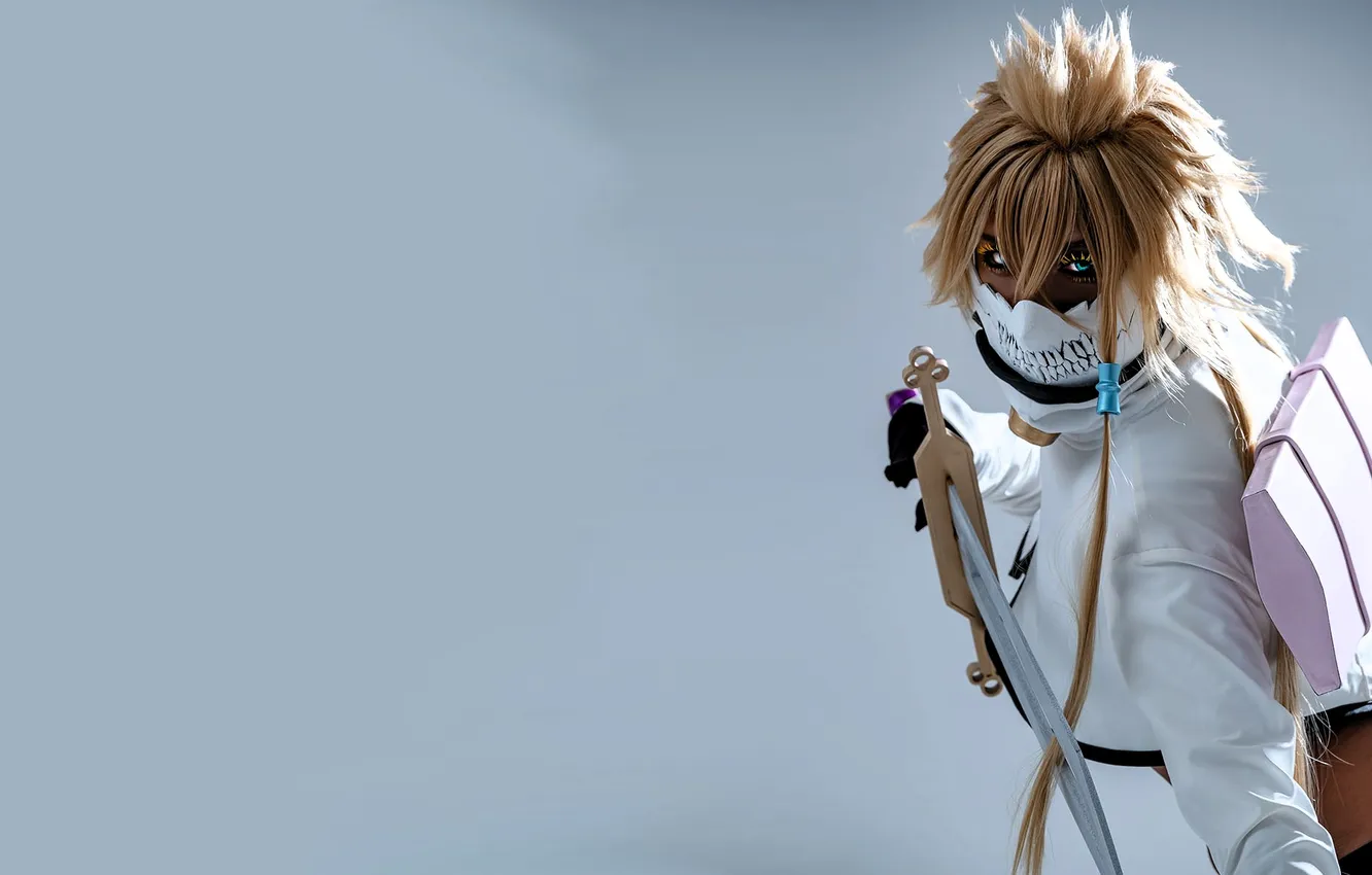 Photo wallpaper look, girl, weapons, mask, costume, outfit, image, cosplay