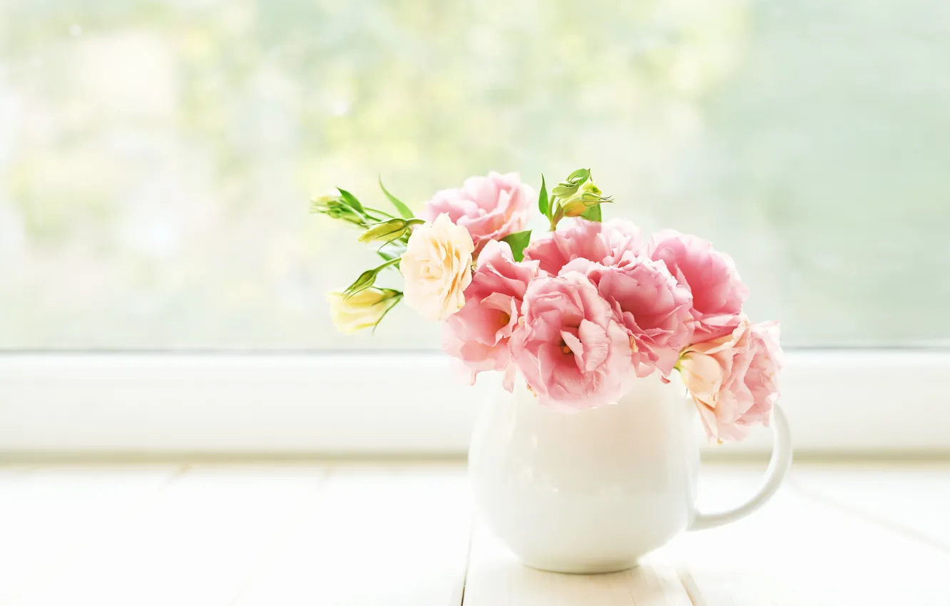 Photo wallpaper flowers, table, bouquet, window, vase, eustoma, Yarovoy Aleksandr