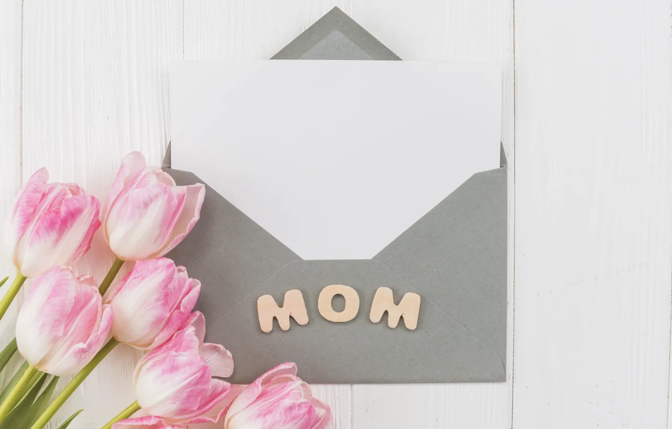 Photo wallpaper bouquet, tulips, the envelope, congratulations, Mother's Day