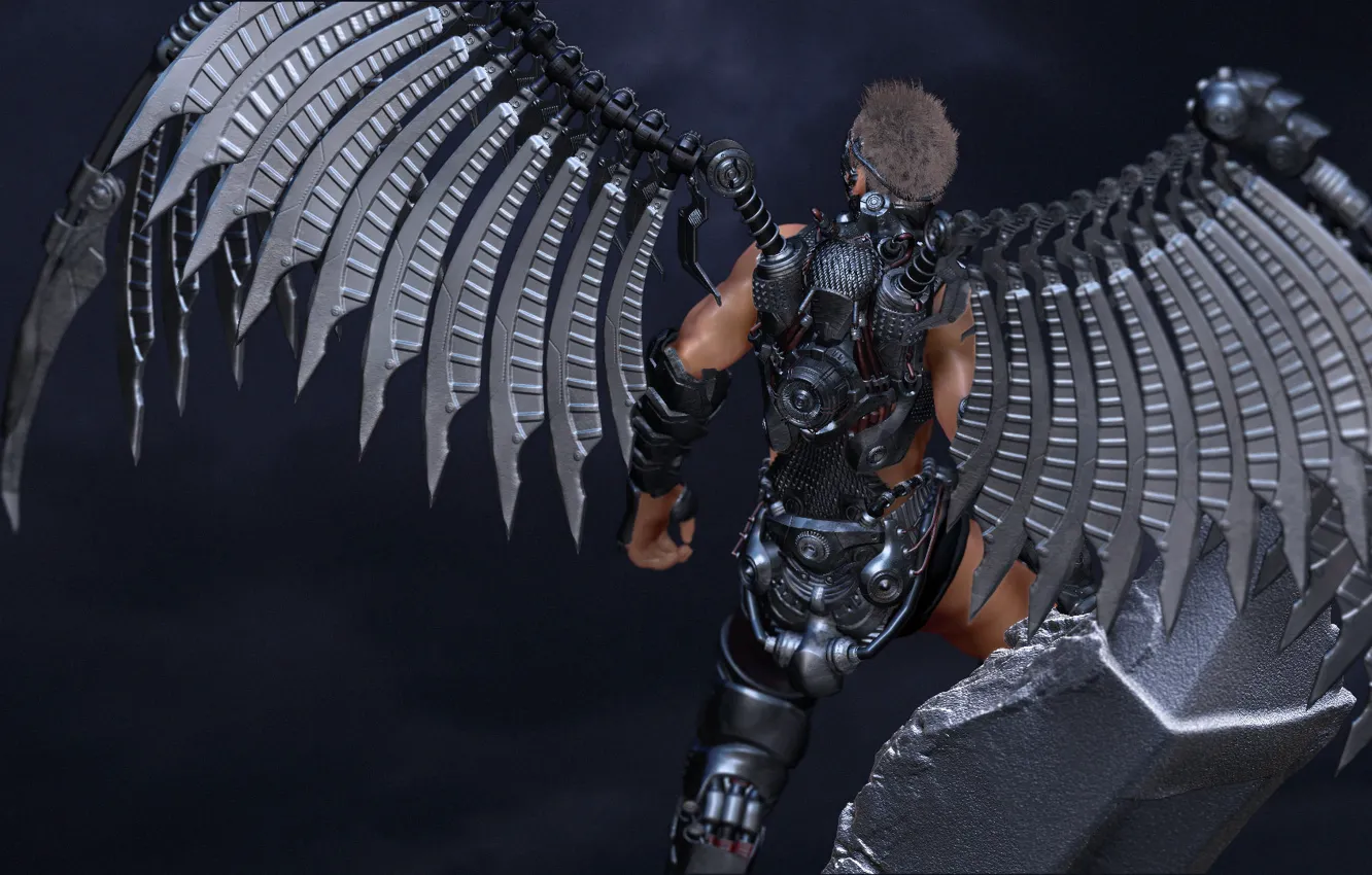 Photo wallpaper rendering, background, back, angel, armor, guy, metal wings
