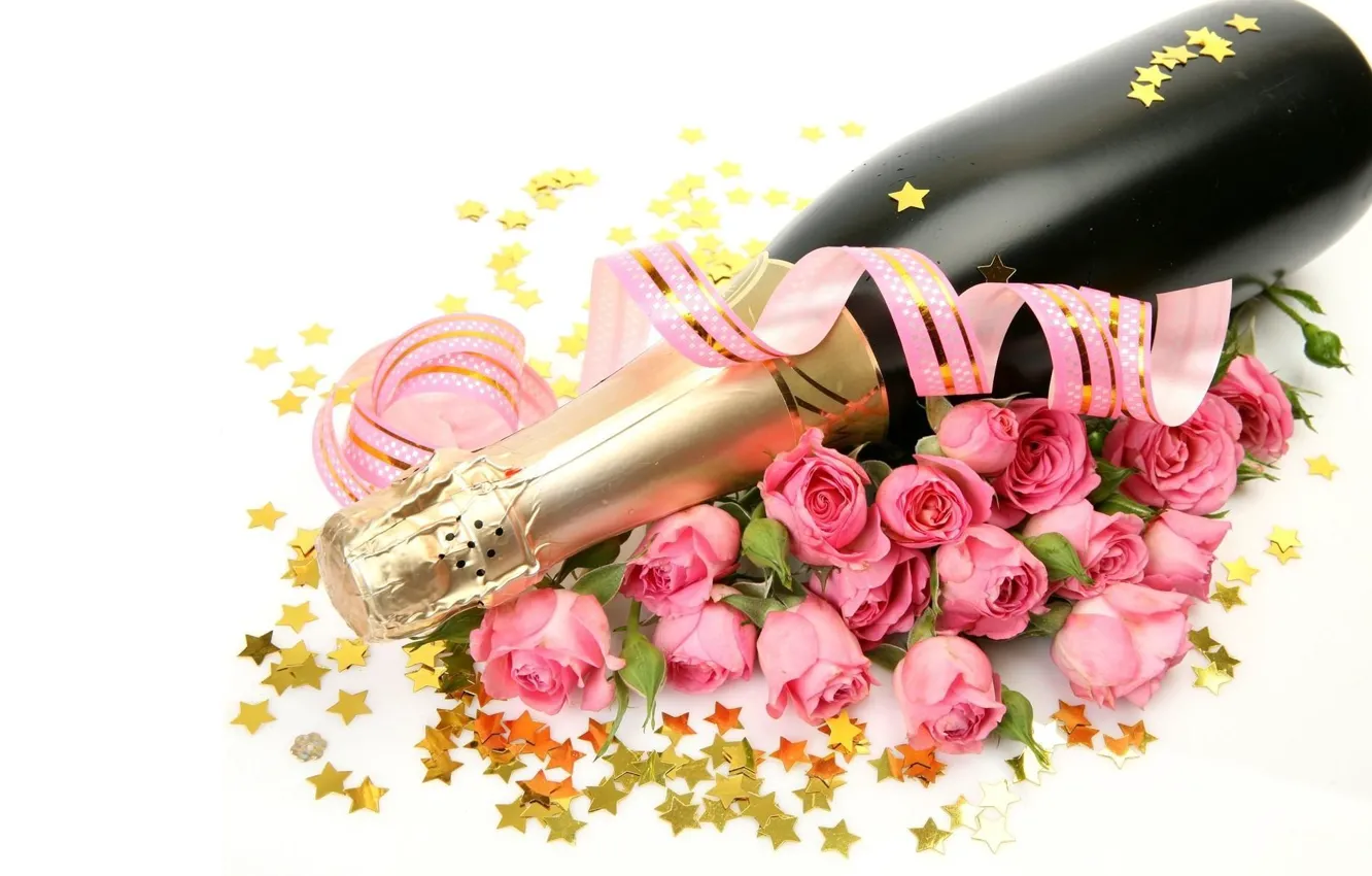 Photo wallpaper bottle, roses, stars, champagne