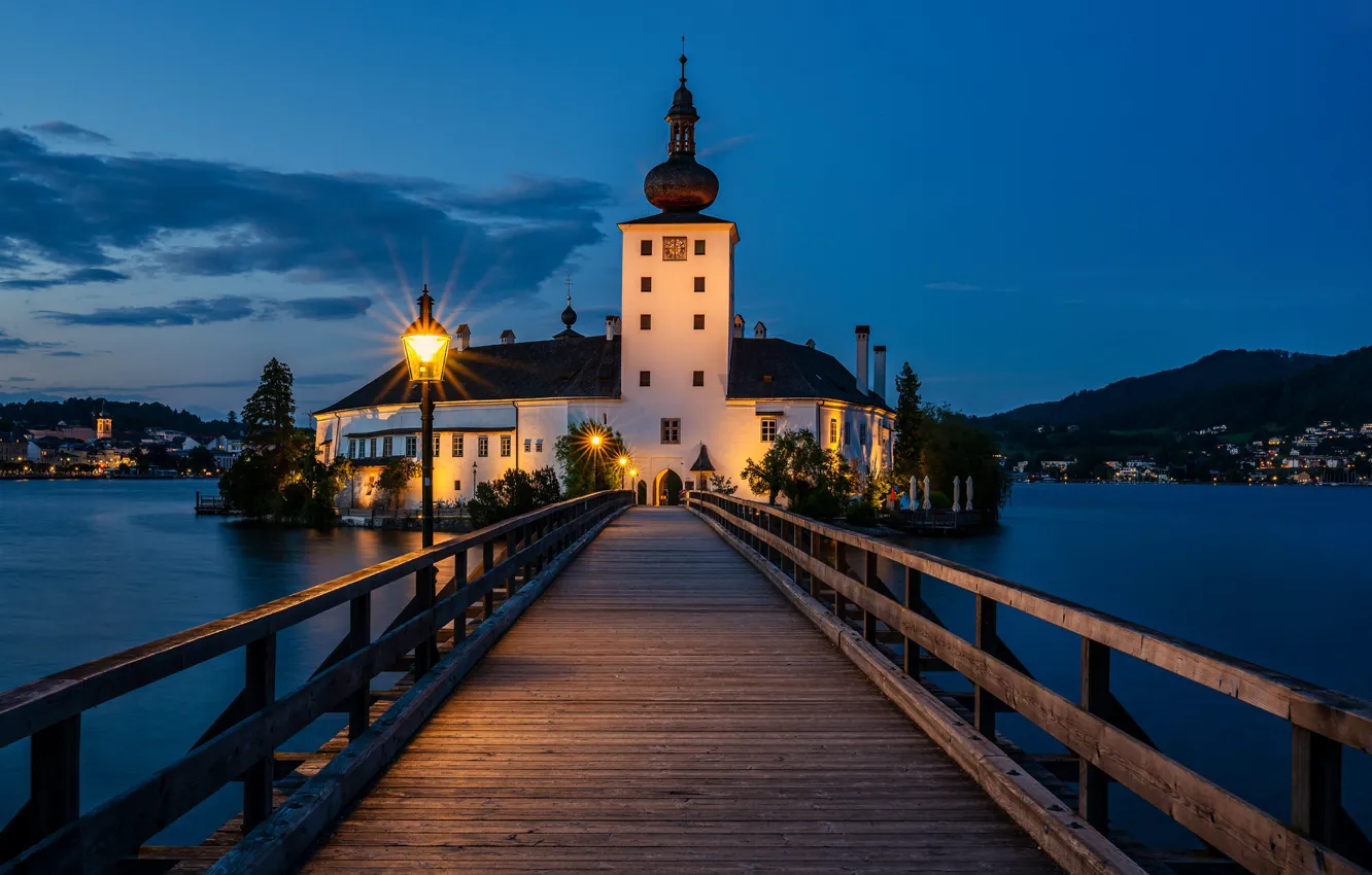 Photo wallpaper bridge, lake, castle, the evening, Austria, lantern, Austria, Gmunden