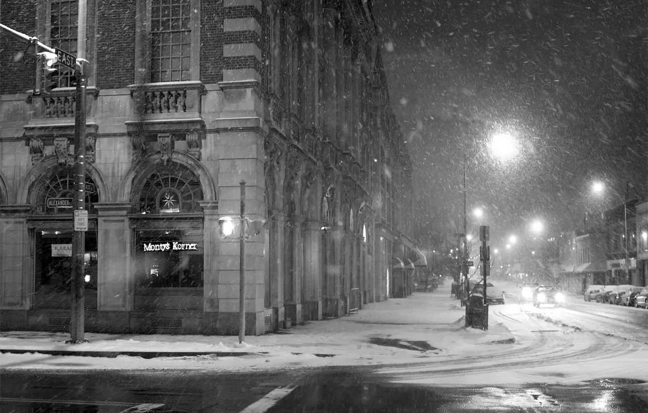 Photo wallpaper street, Night, lantern, City, Snowy, Streets