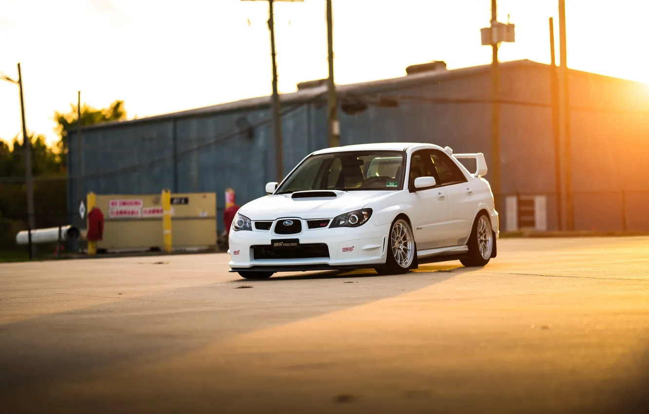 Photo wallpaper Subaru, Impreza, WRX, STI, Sunset, White, Evening, Sight