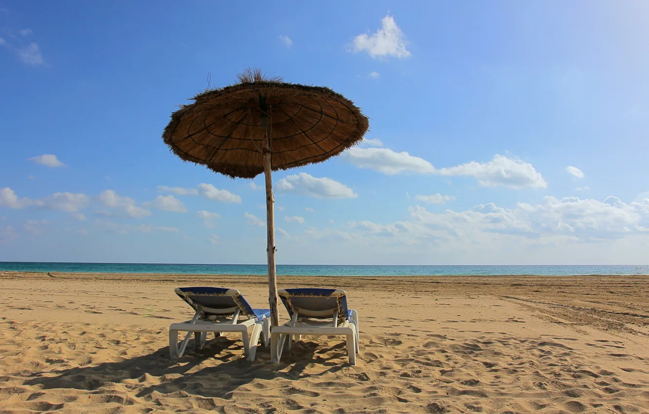 Photo wallpaper sand, sea, beach, chaise, summer, beach, sea, sand
