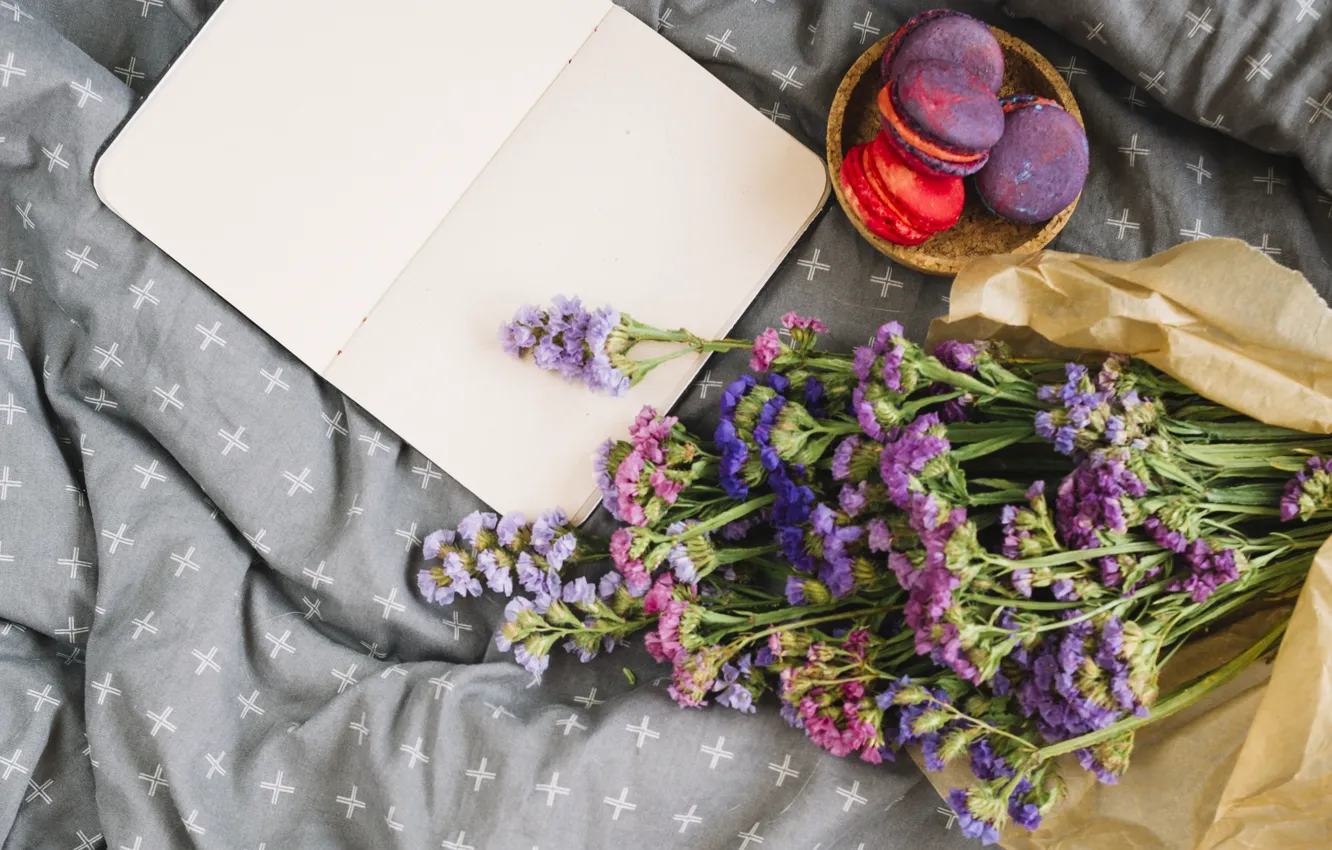 Photo wallpaper flowers, blanket, flowers, cakes, purple, macaroon, french, macaron