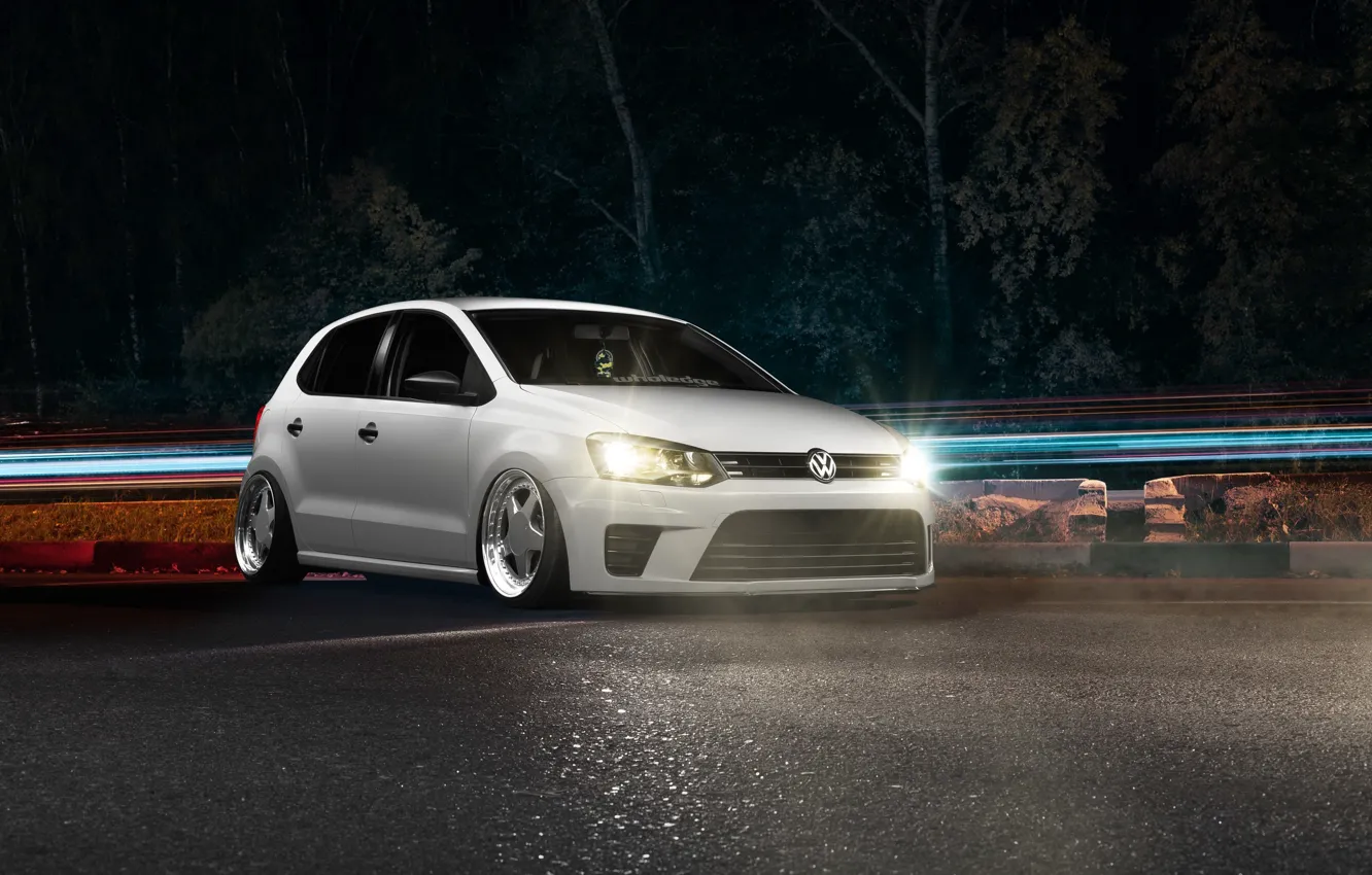 Photo wallpaper volkswagen, light, white, wheels, style, tuning, polo, face