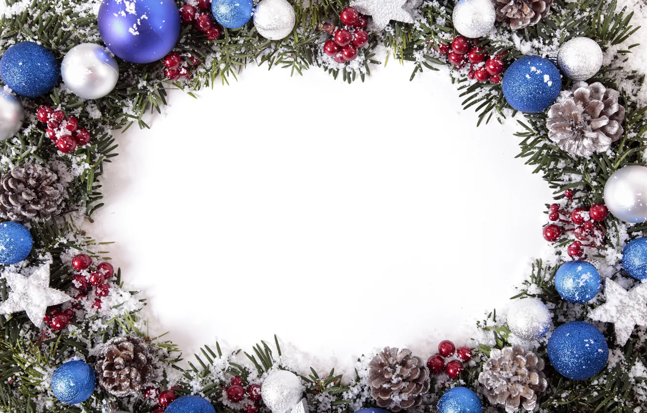 Photo wallpaper snow, balls, New Year, Christmas, merry christmas, decoration, xmas, frame