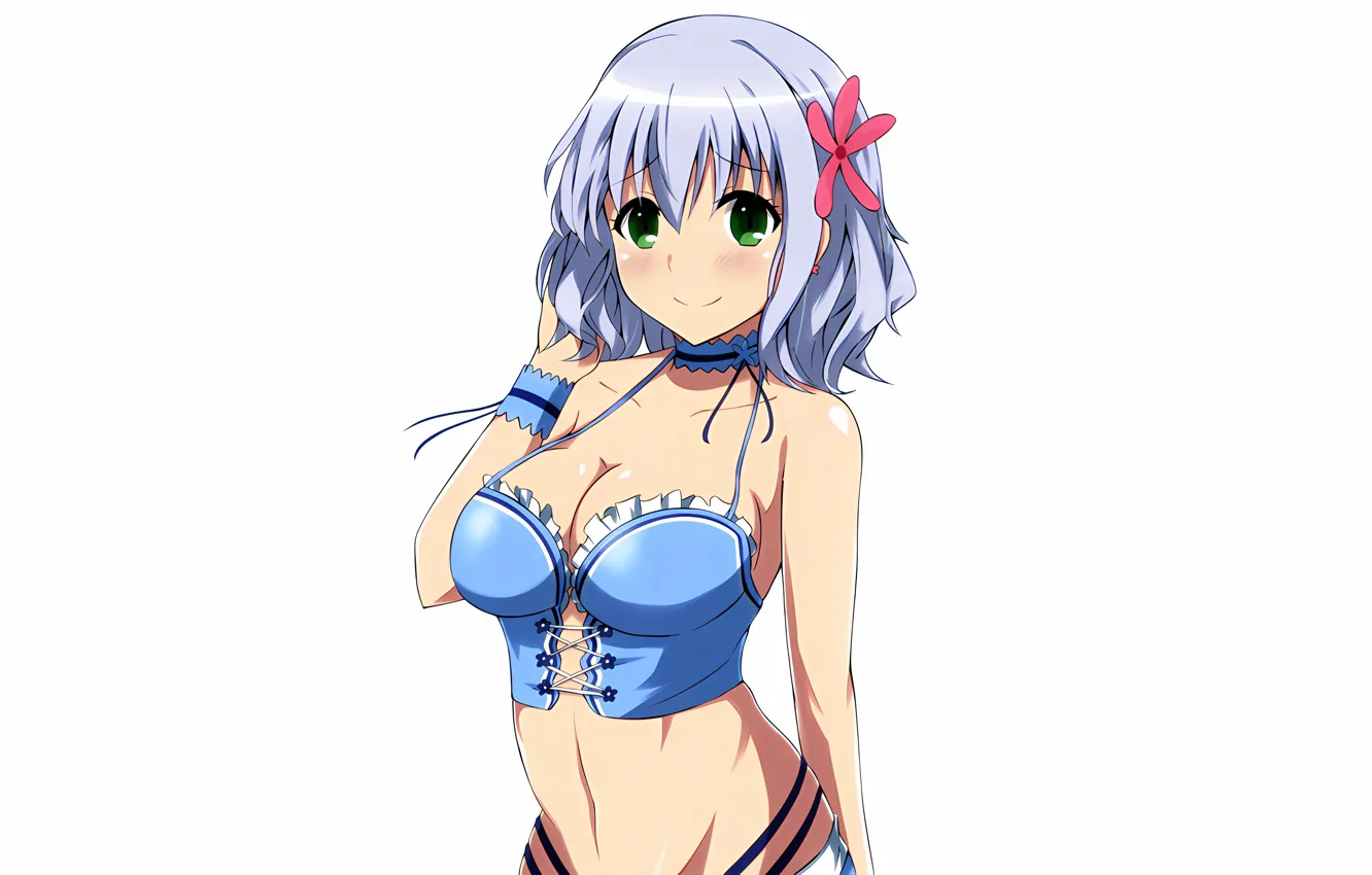 Photo wallpaper girl, sexy, cleavage, blouse, green eyes, boobs, anime, beautiful