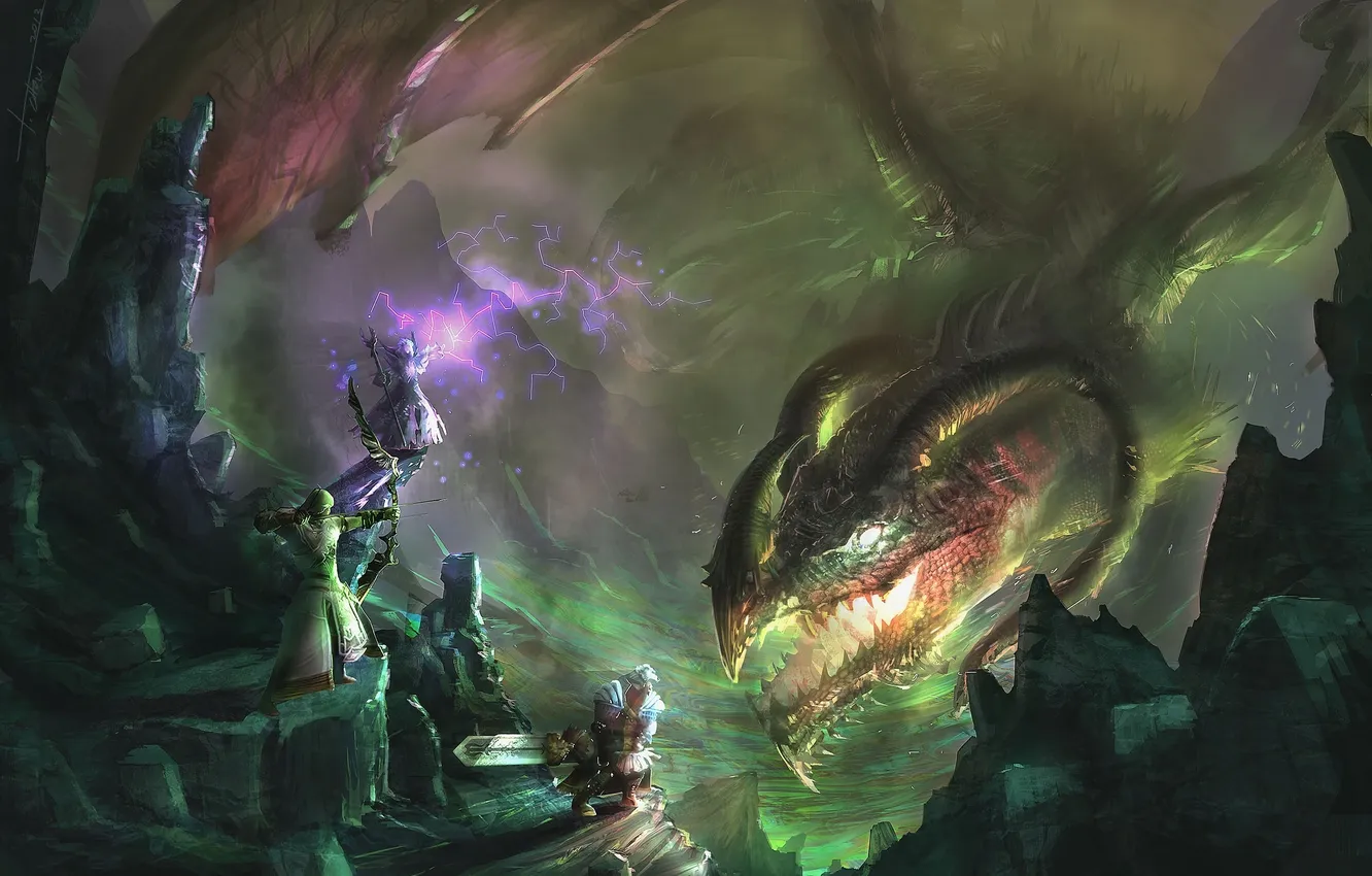 Photo wallpaper rocks, dragon, monster, warrior, art, MAG, battle, Archer