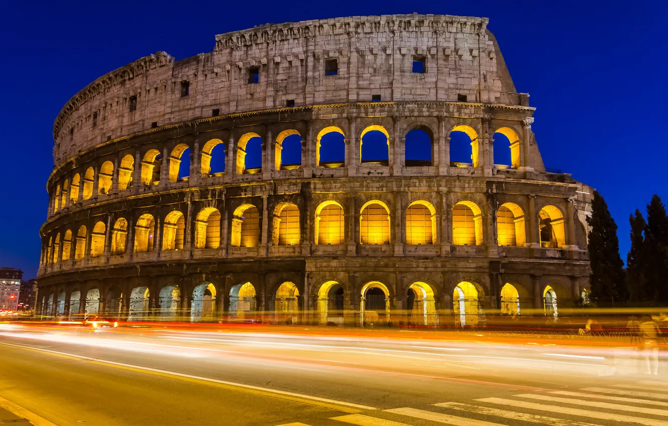 Photo wallpaper road, night, the city, the evening, excerpt, Rome, Colosseum, Italy