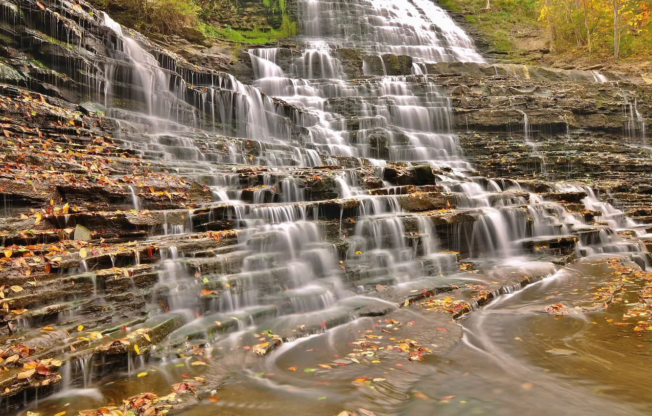 Photo wallpaper autumn, forest, rock, waterfall, cascade