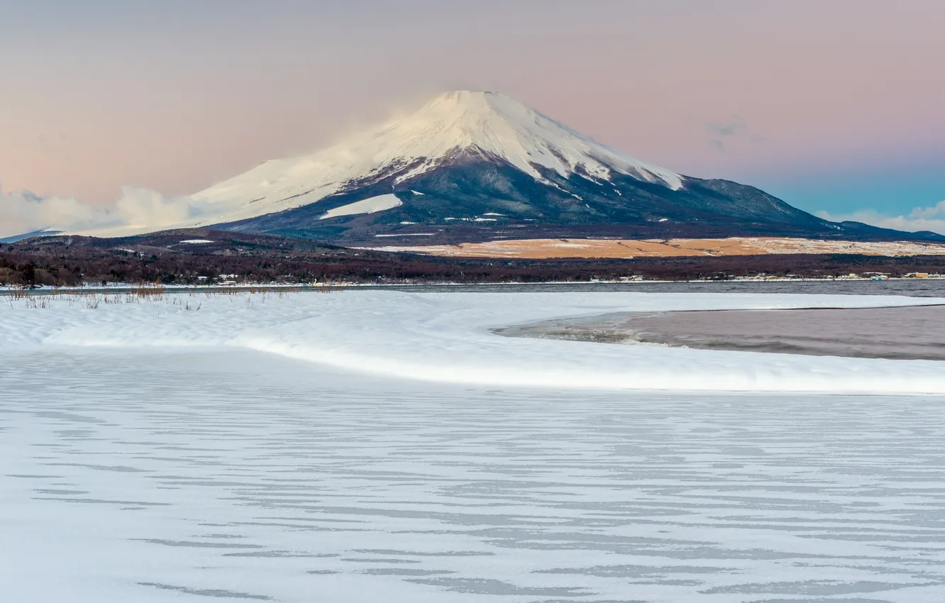 Photo wallpaper winter, snow, landscape, mountains, the volcano, Japan, Fuji