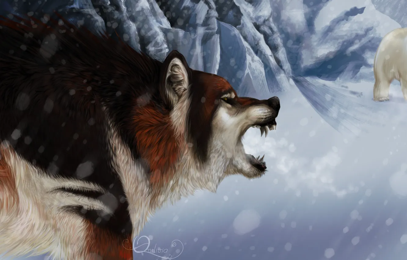 Photo wallpaper winter, animals, look, snow, wolf, art, polar bear