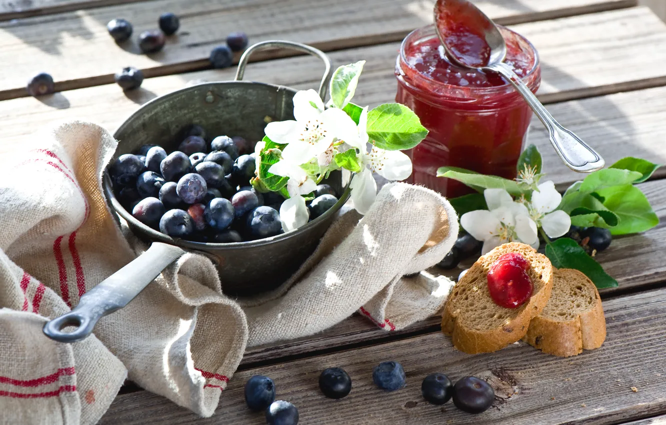 Photo wallpaper flowers, twigs, Breakfast with berries and jam, Breakfast with berries and Jam