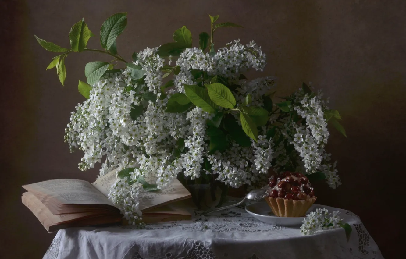 Photo wallpaper book, cake, still life, cherry