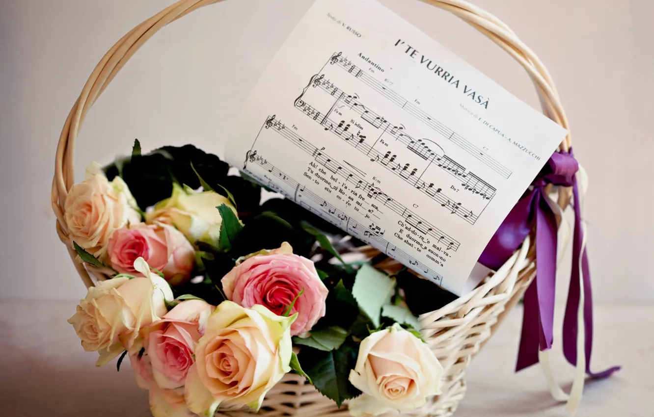 Photo wallpaper flowers, notes, music, basket, roses, bouquet, tape, bow