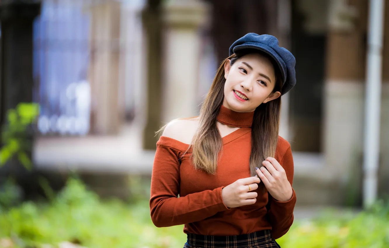 Photo wallpaper girl, hair, cap, blouse, Asian, bokeh