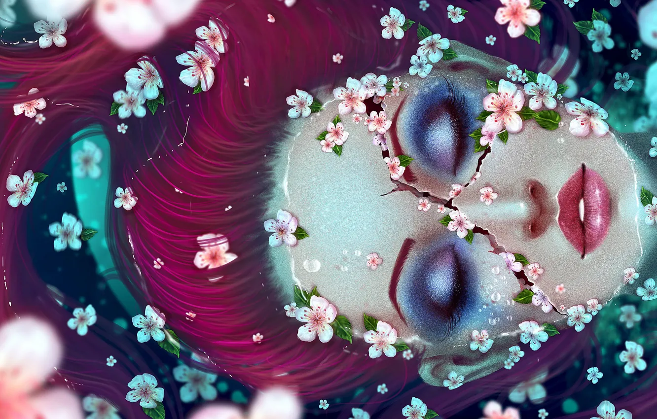 Photo wallpaper water, girl, flowers, face, Shine, makeup