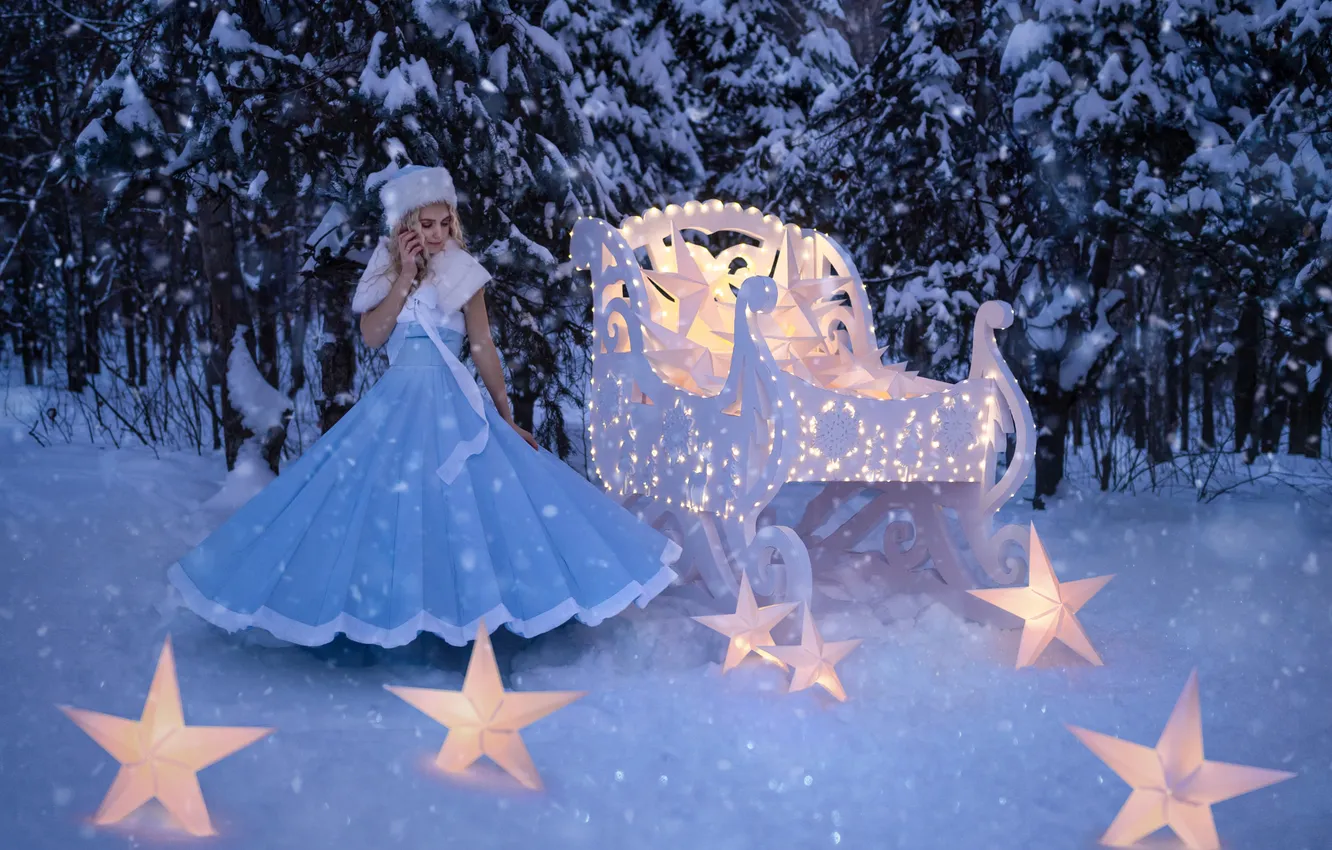 Photo wallpaper winter, frost, forest, look, girl, stars, light, snow