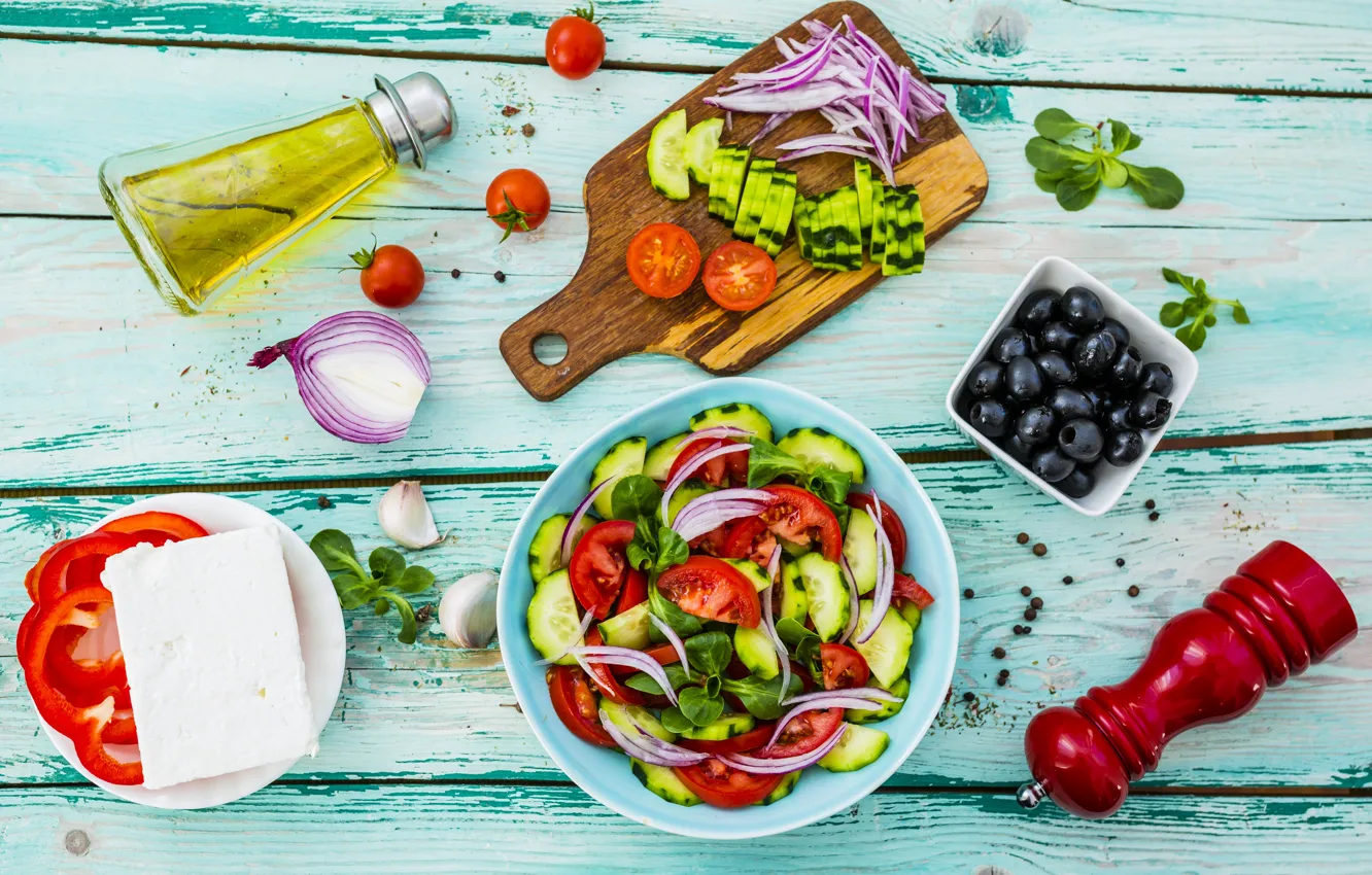 Photo wallpaper food, cucumber, bow, tomatoes, olives, olive oil, pepper, Greek salad