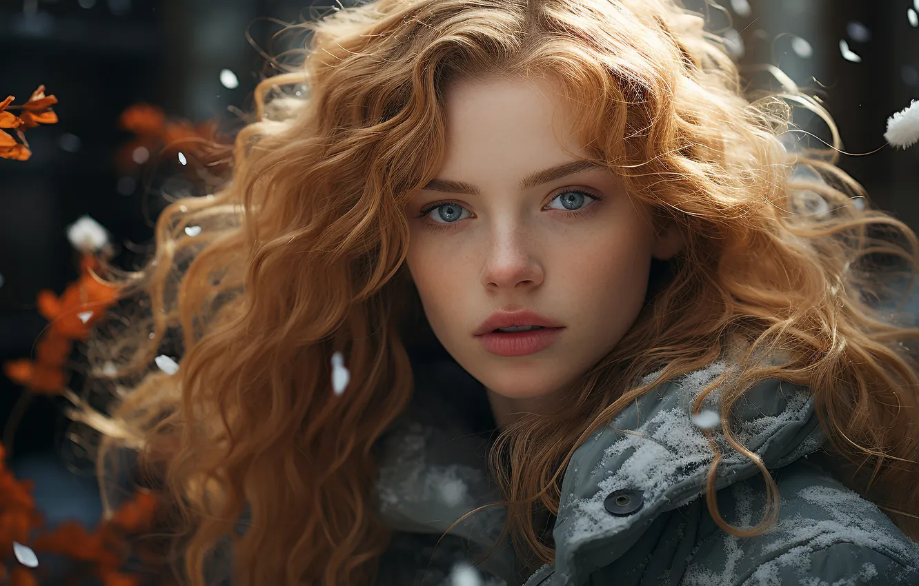 Photo wallpaper look, girl, portrait, redhead, AI art, neural network