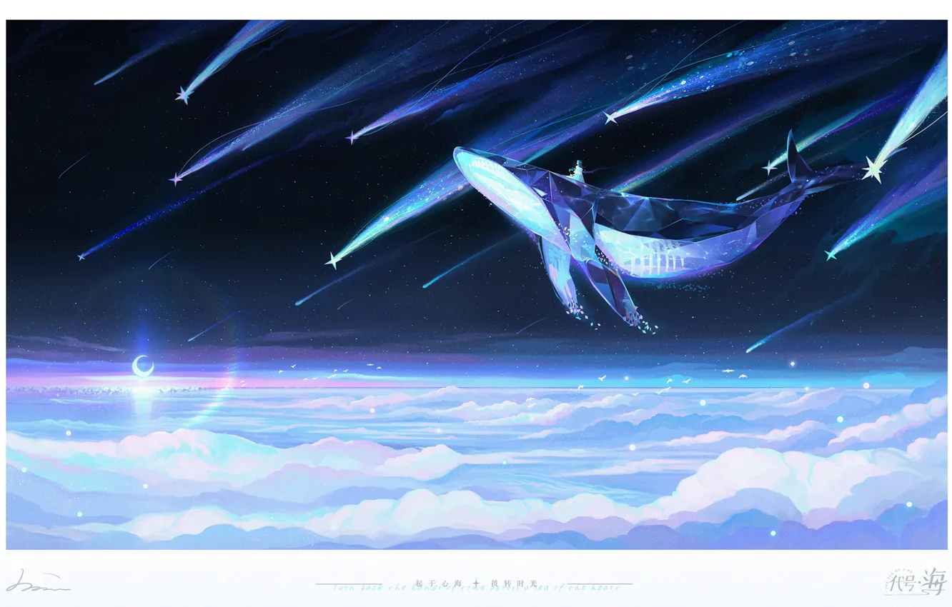 Photo wallpaper the sky, girl, clouds, night, fantasy, kit, Crescent, Starfall