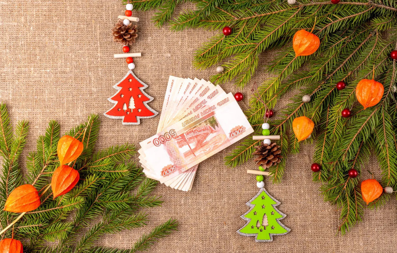 Photo wallpaper balls, branches, new year, money, Christmas, herringbone, needles, bumps