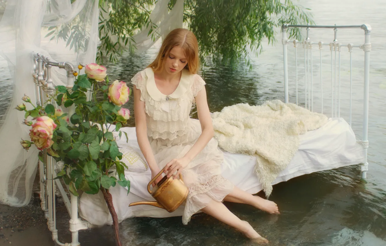 Photo wallpaper water, girl, flowers, branches, bed, roses, barefoot, lake