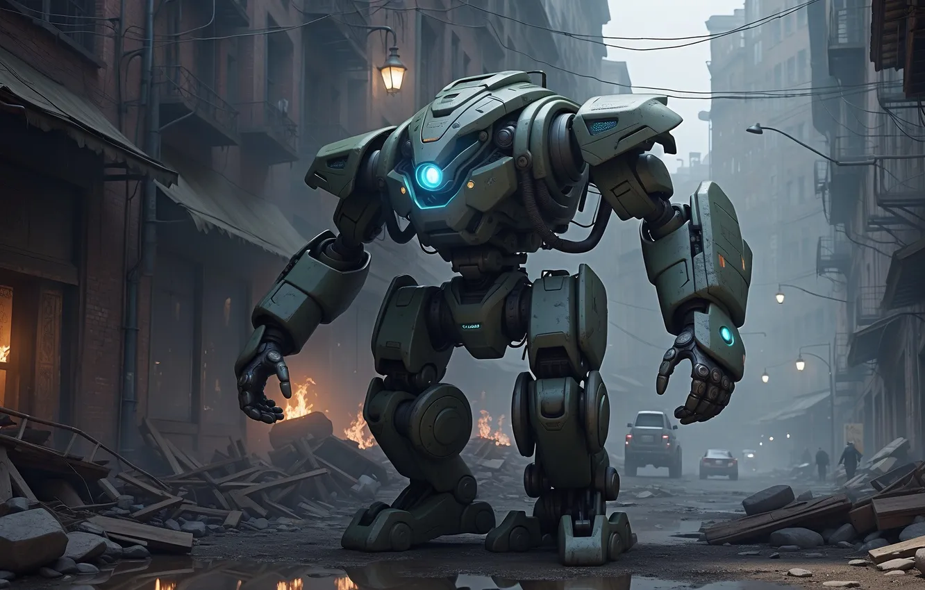 Photo wallpaper city, robot, science fiction, machine, futuristic, technology, destruction