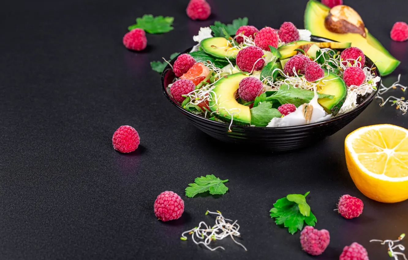 Photo wallpaper sprouts, berries, raspberry, background, orange, plate, salad, avocado