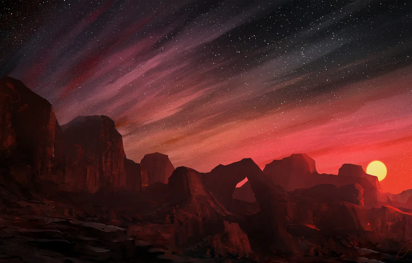 Photo wallpaper yellow, sunset, night, stones