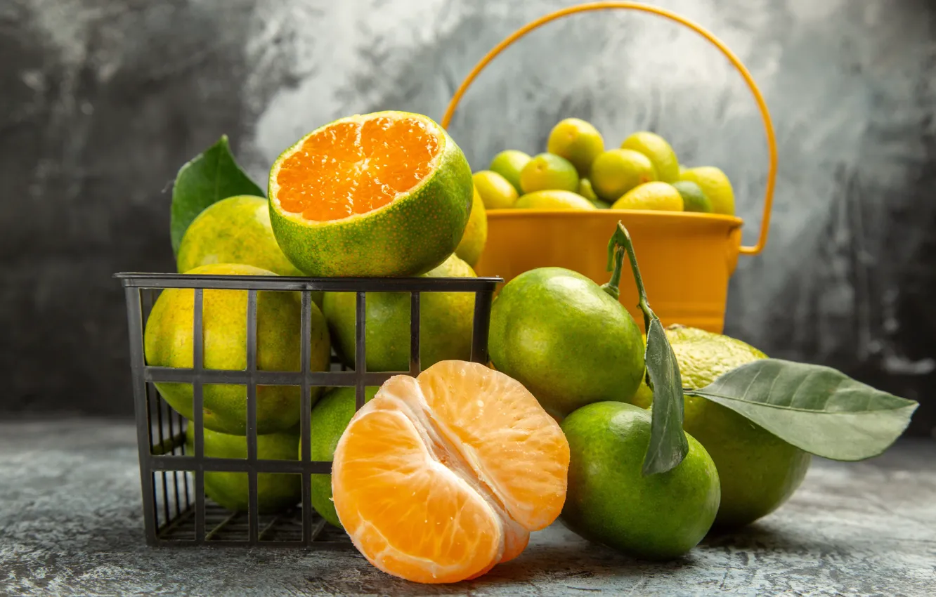 Photo wallpaper box, tangerines, bucket, tangerines