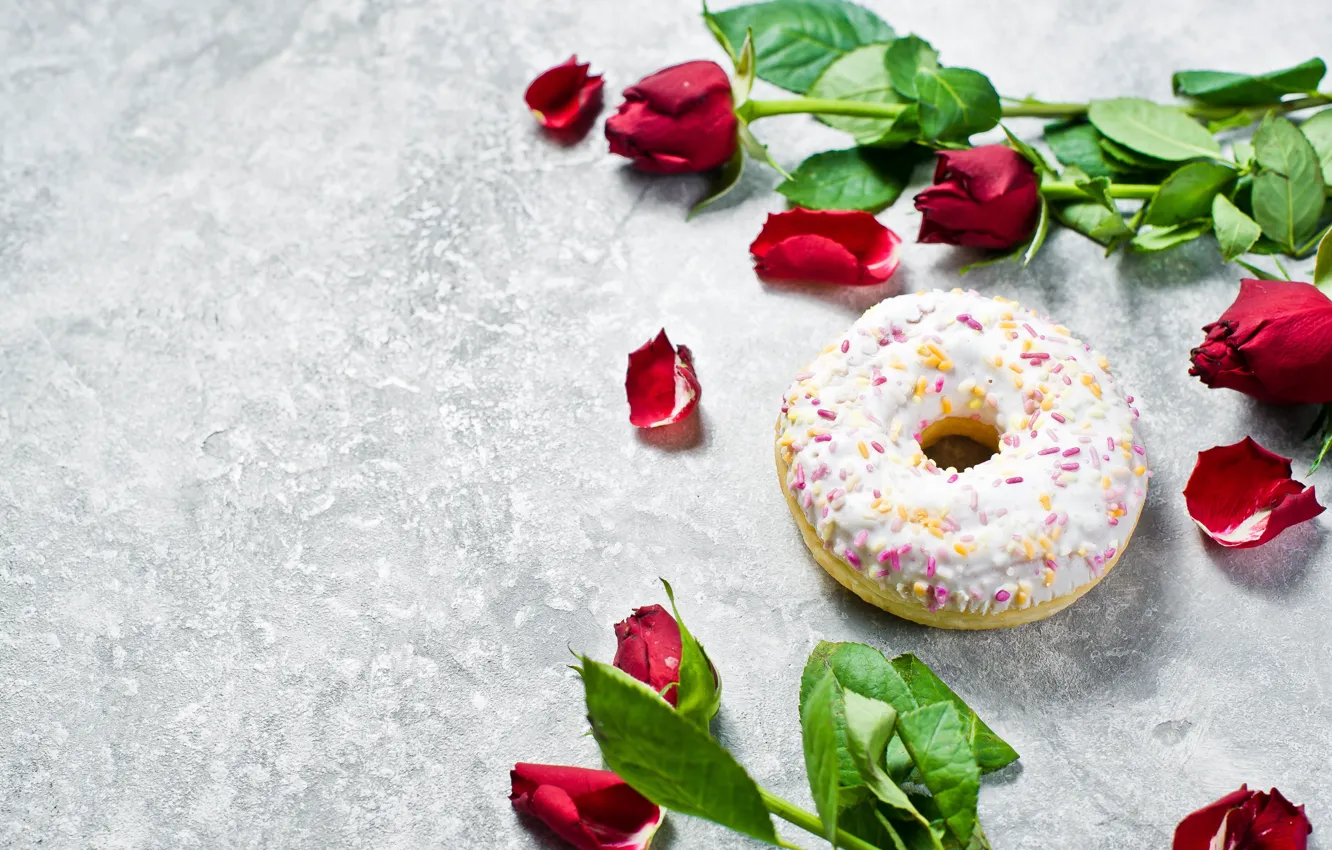 Photo wallpaper flowers, roses, petals, donuts, cakes, glaze